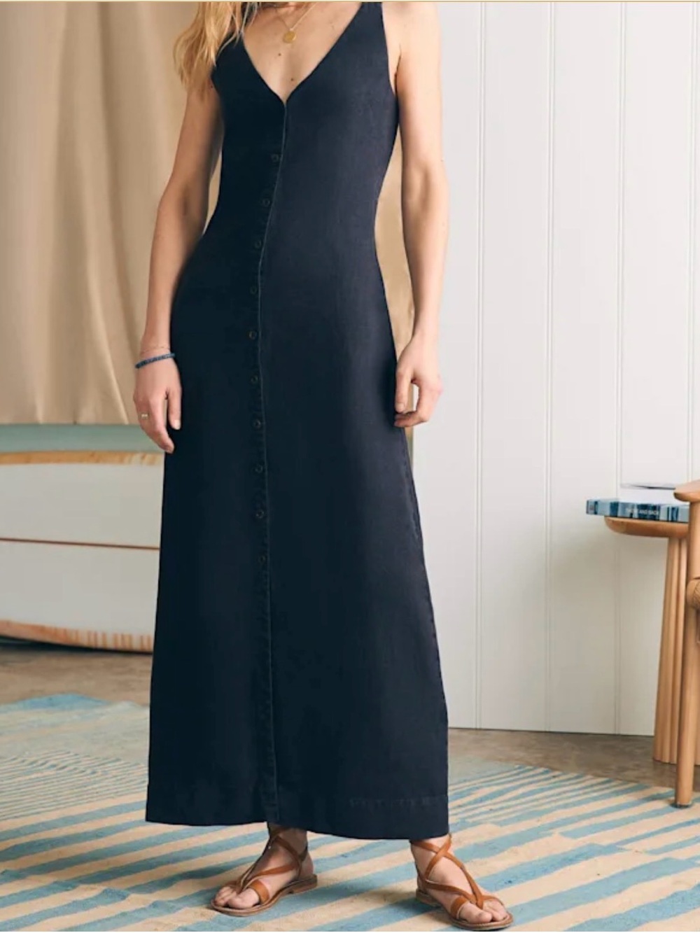 Faherty Black Sleeveless Button-Front Maxi Dress